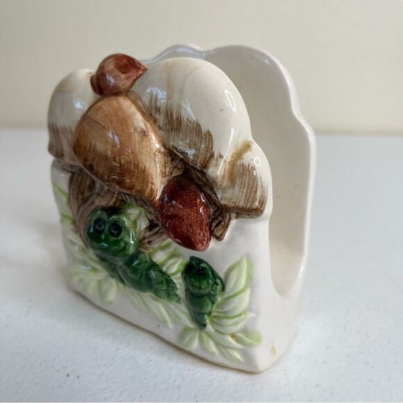 Vintage 1970s Mushroom Frogs Napkin Holder Mid Century Ceramic 4.5 Inch tall - Picture 3 of 16